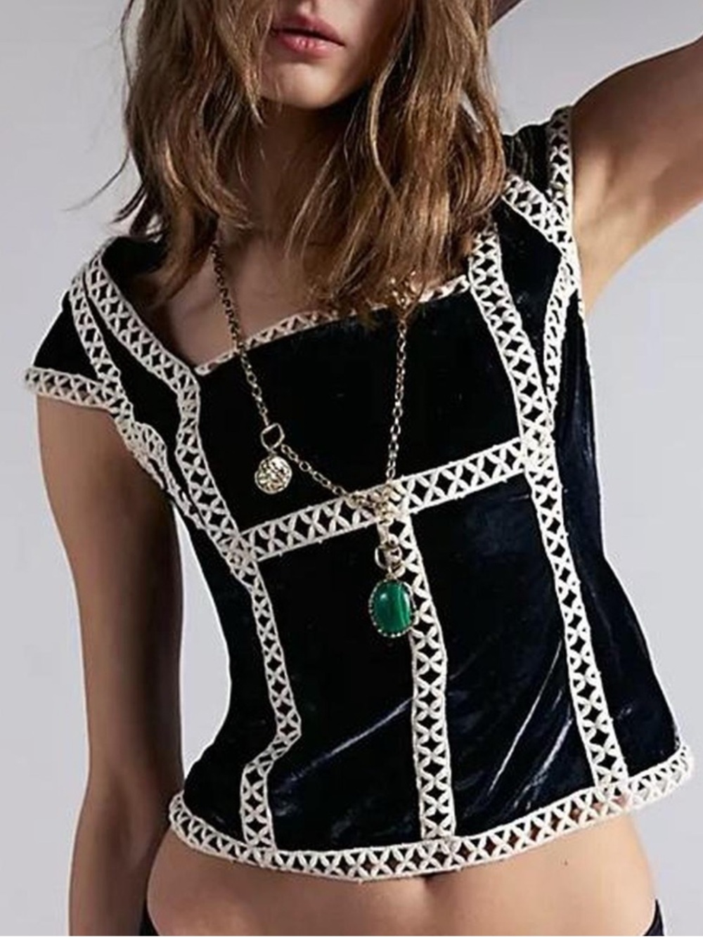 Anthropologie Black Velvet Top with Cream Stitching Trim